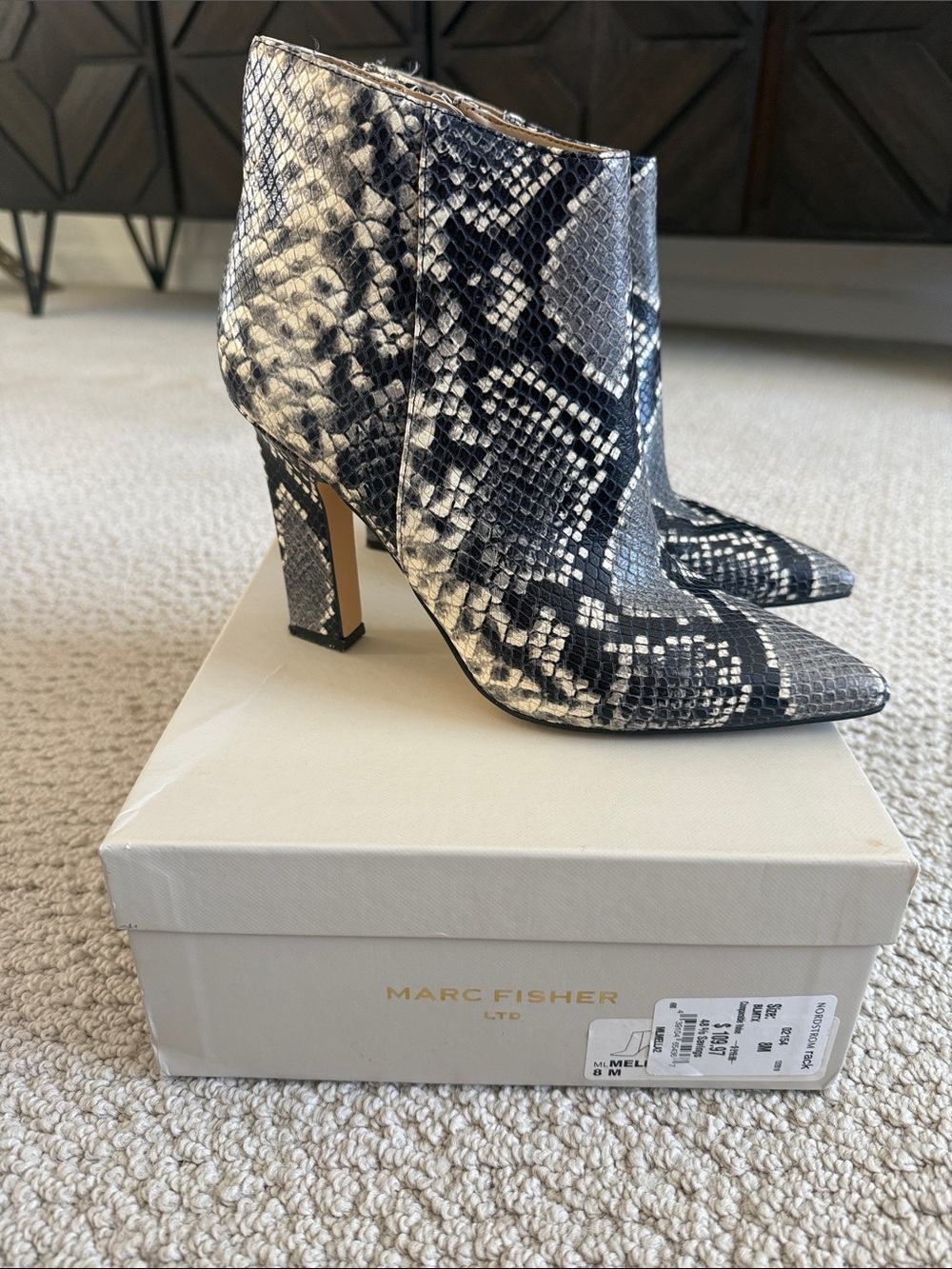 Marc Fisher Black & White Snake-Print Pointed Toe Ankle Boots